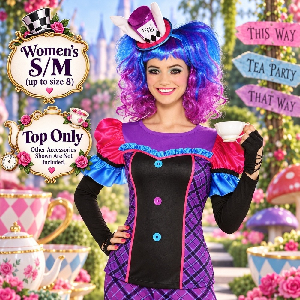 Mad Hatter Cosplay Costume Long Sleeve Top Shirt WOMENS S/M (up to size 8) NOB